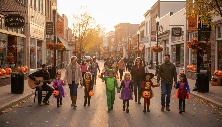 Eye-level view of children in Halloween costumes walking through a downtown Oakland County event.