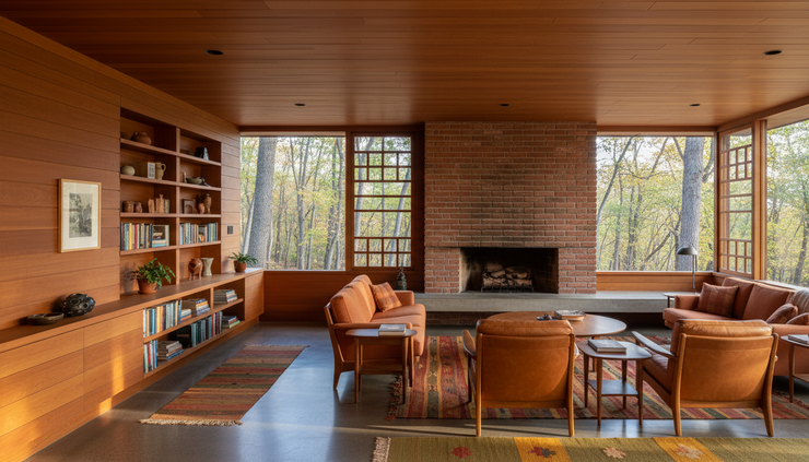 Eye-level view of a warm mid-century living room with wood walls and large windows.