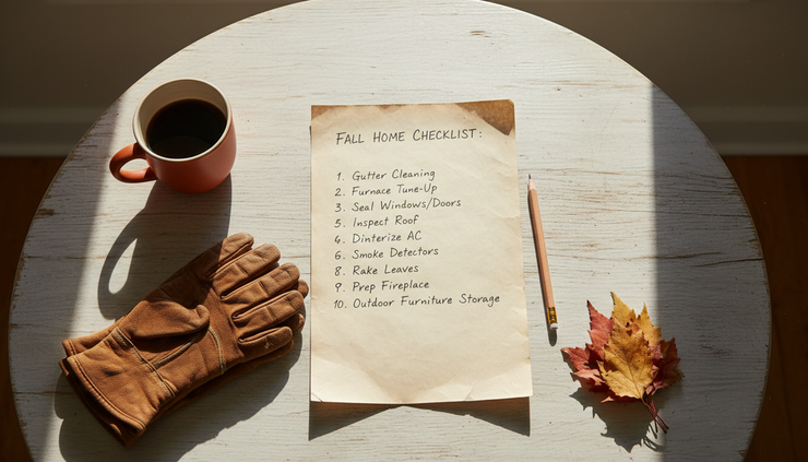 Overhead view of a handwritten fall home maintenance checklist on a kitchen table.