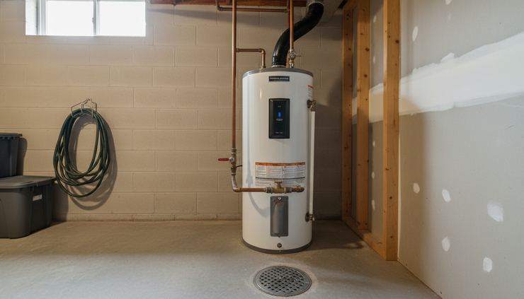Eye-level view of a water heater in a clean basement utility area.