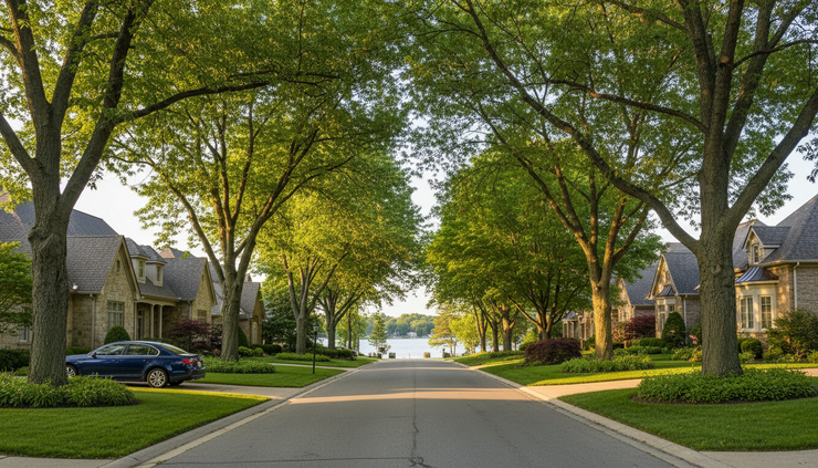 Eye-level view of a quiet lakeside road with mature trees and well-kept homes.