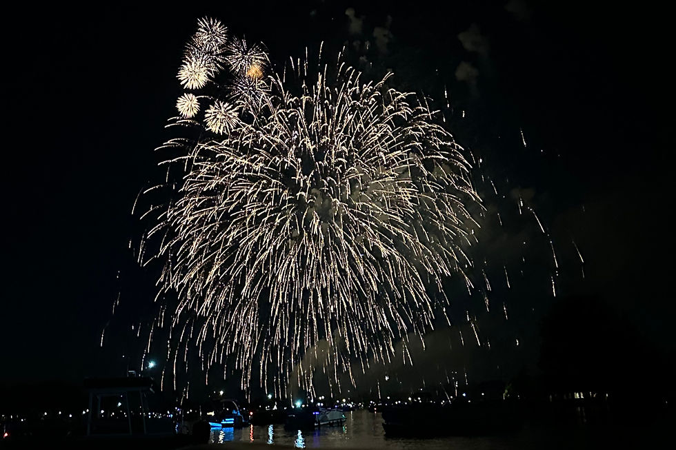 Golden fireworks burst over a dark waterfront at night, with boats and city lights reflecting on the water.