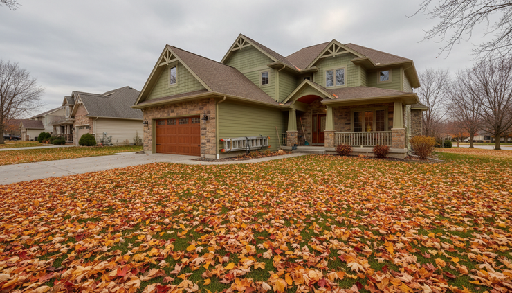 Wide-angle view of a cozy suburban home surrounded by fall leaves.