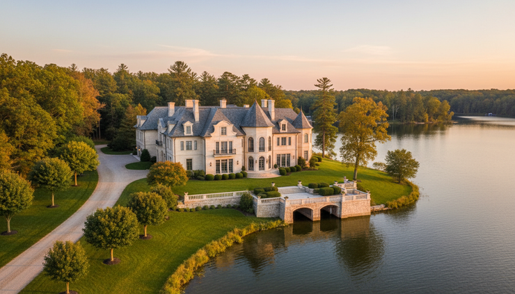 Wide-angle view of a grand European-style lake estate beside calm Michigan water.