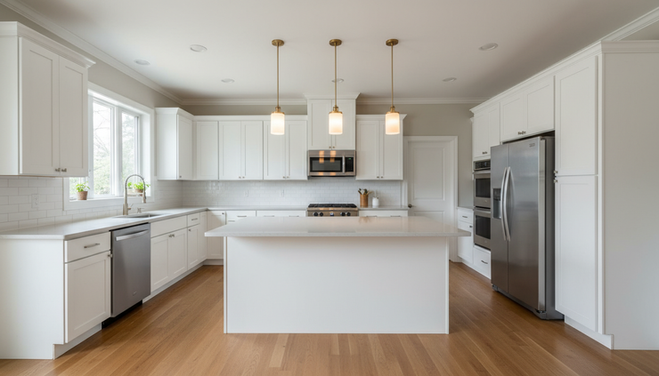 Wide-angle view of a bright remodeled kitchen with updated cabinets and stone countertops