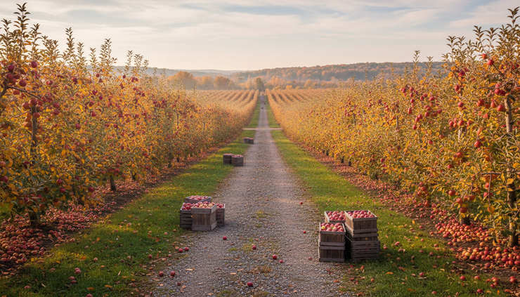 Wide-angle view of a Michigan apple orchard with rows of trees in fall color