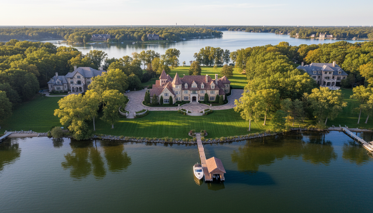 Aerial view of a luxury lakefront property with a private lawn and dock.