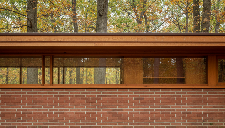 Close-up view of natural brick, wood trim, and glass on a mid-century home exterior.