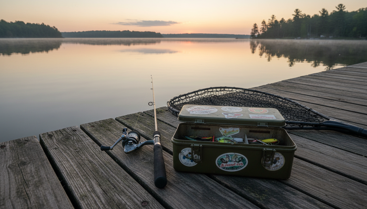 Close-up view of a fishing rod and tackle box on a Lake Fenton dock