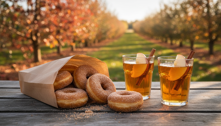 Close-up view of fresh cider donuts in a paper bag beside apple cider