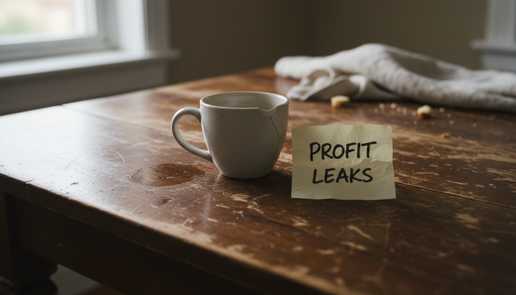 Close-up of a chipped coffee cup beside a handwritten note on a wooden kitchen table.