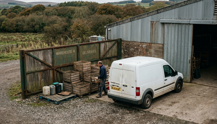 High-angle view of a rural delivery van parked beside stacked wooden crates