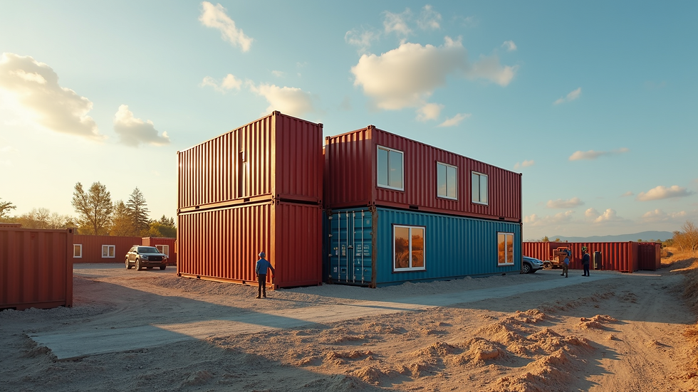 Wide angle view of a container home construction site with stacked containers