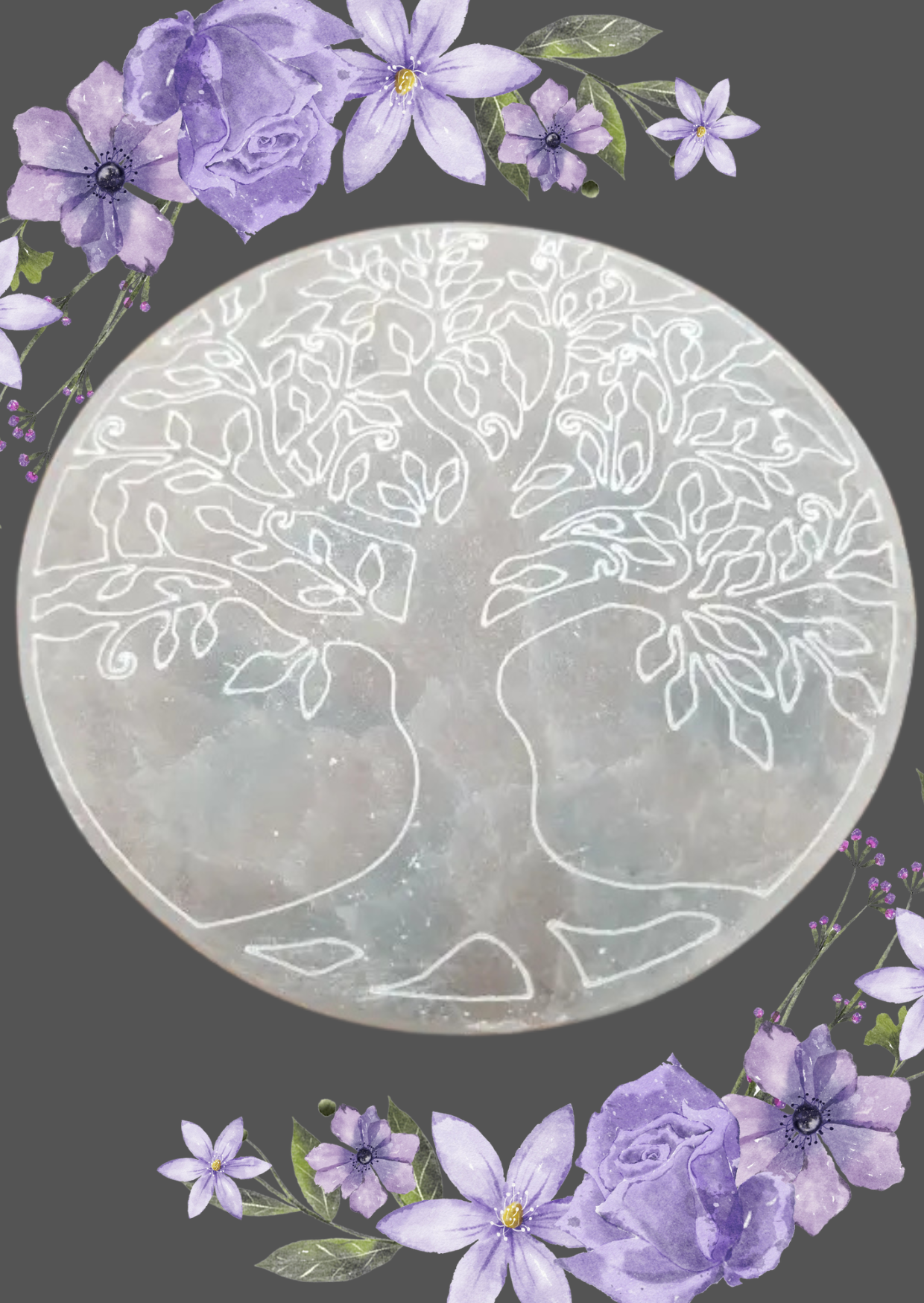 Plaque ronde de Sélénite avec Arbre de Vie gravé.