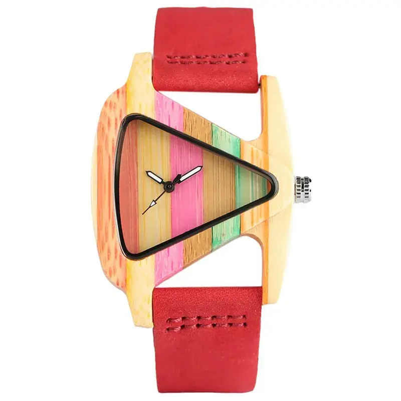 Miniatura: Unique Colorful Wood Watch Creative Triangle Shape Dial Hour Clock Women Quartz