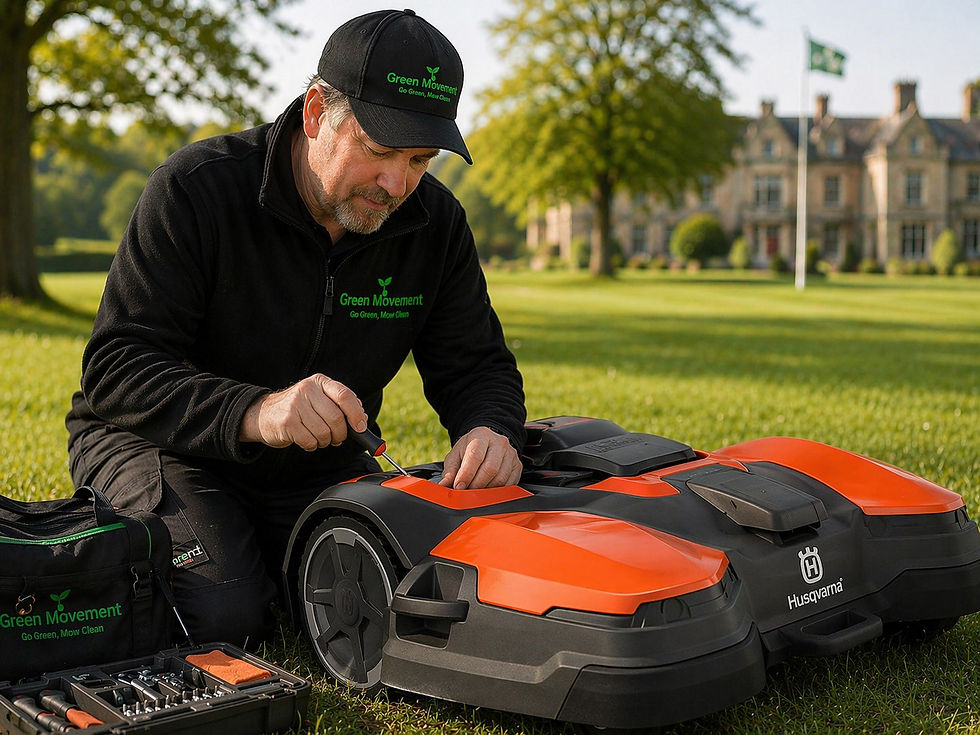 Service man with Husqvarna robotic lawnmower on school grounds.