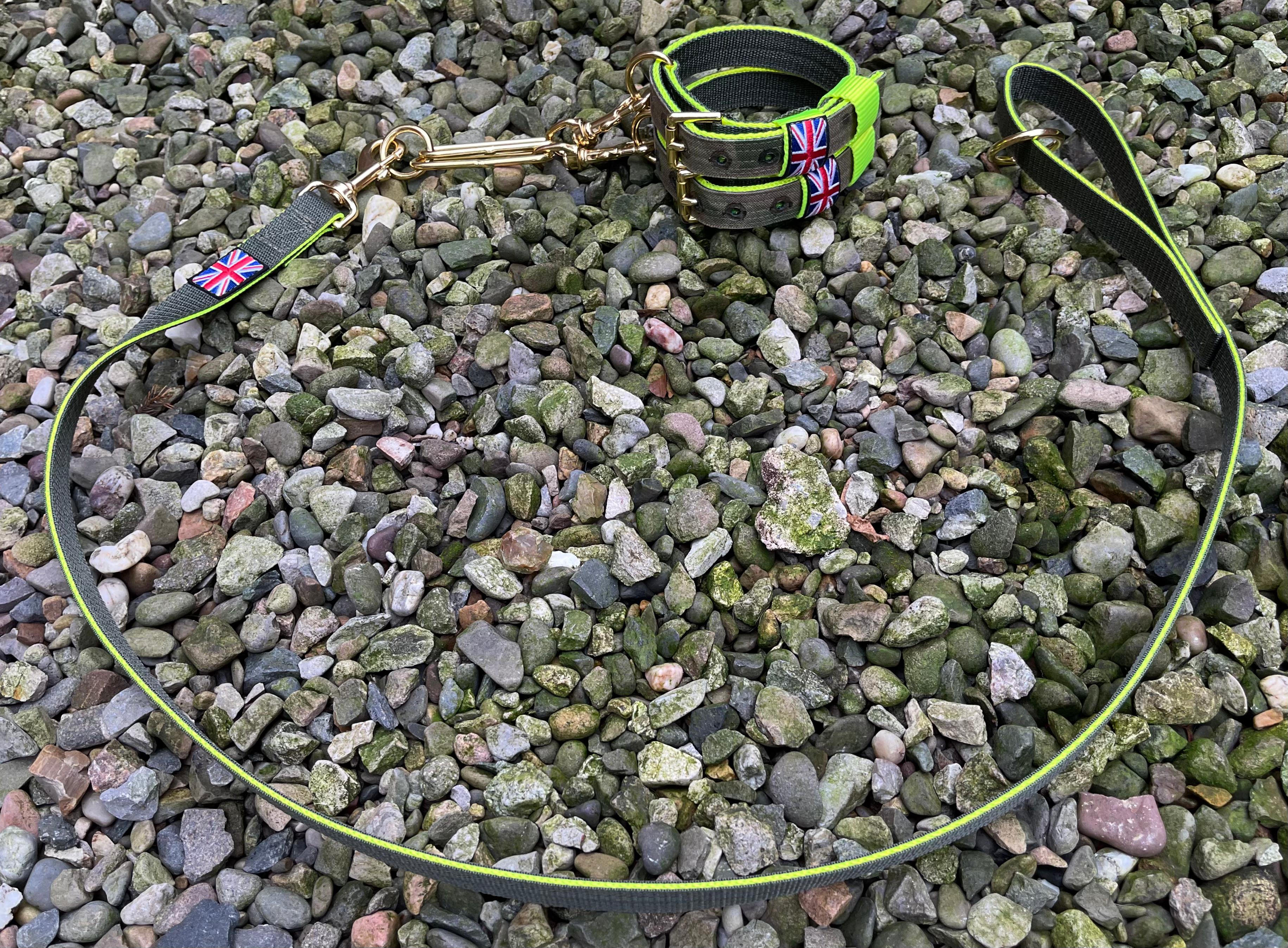 MTP camo 1" wide Working Terrier couple and lead set with olive and Fluo yellow