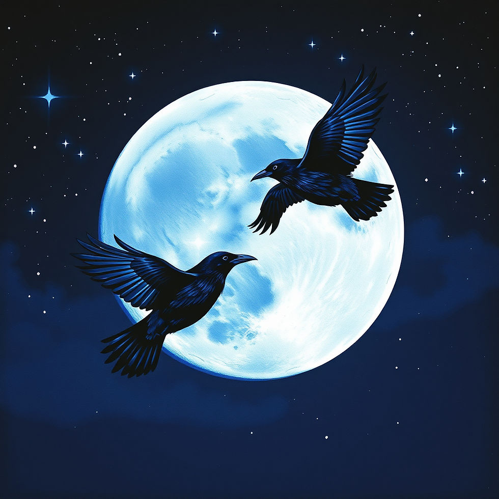 Ravens flying against a starry moonlit background with a blue black color scheme.jpg