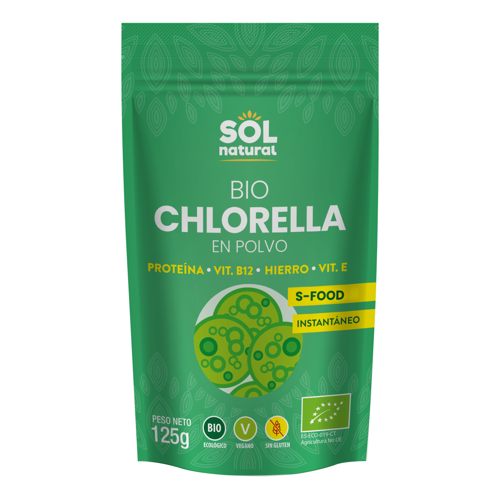 Vista frontal de l'envàs de Chlorella en pols Bio