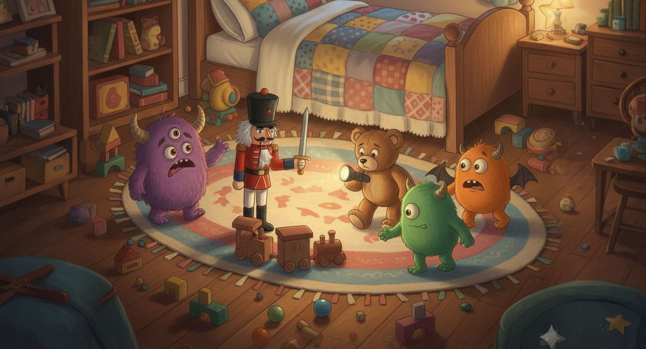 Immagine di una cameretta in cui i giocattoli hanno preso vita e ci sono dei mostriciattoli. uno spettacolo che andrà in scena al Teatro Bobbio de La Contrada di Trieste
