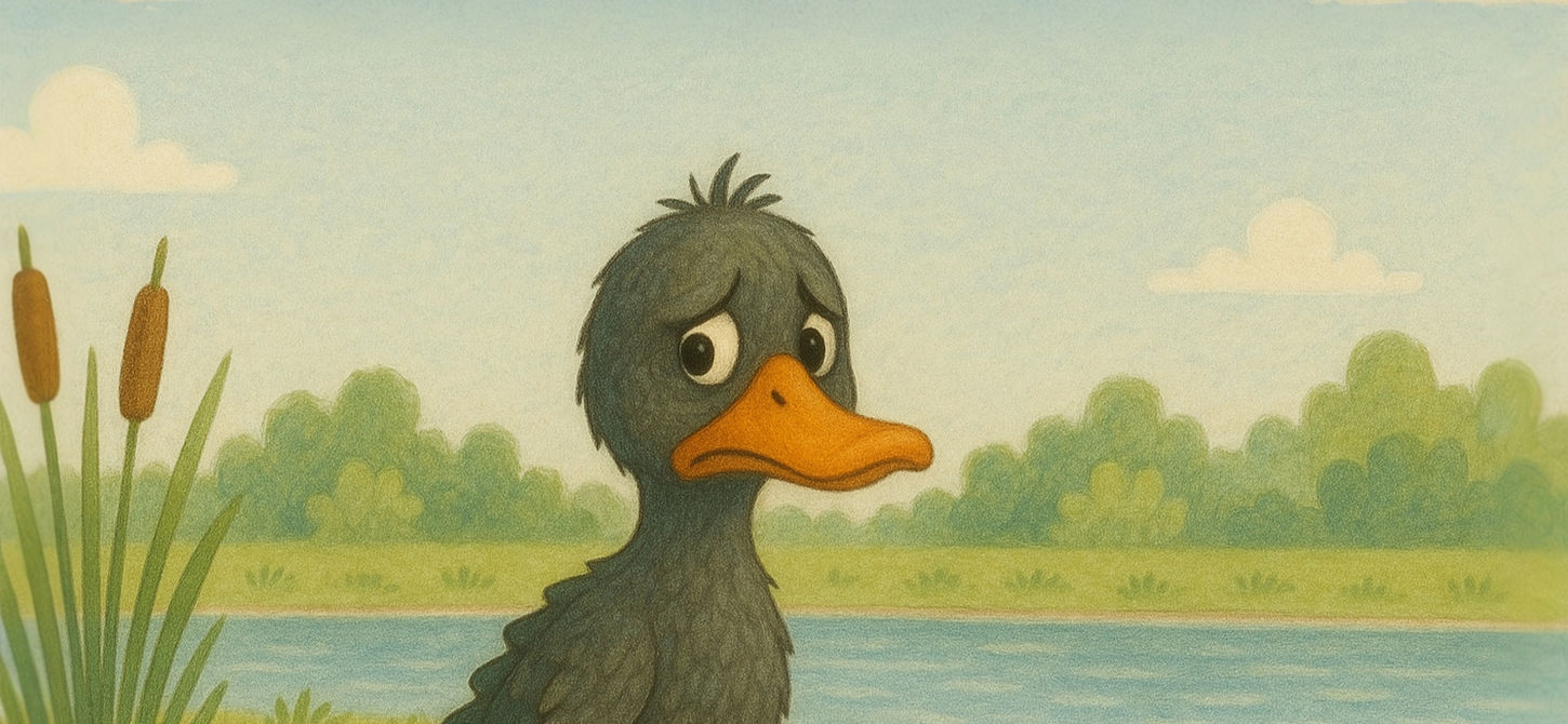 disegno del brutto anatroccolo, sullo sfondo c'è un fiume, alberi e cielo.