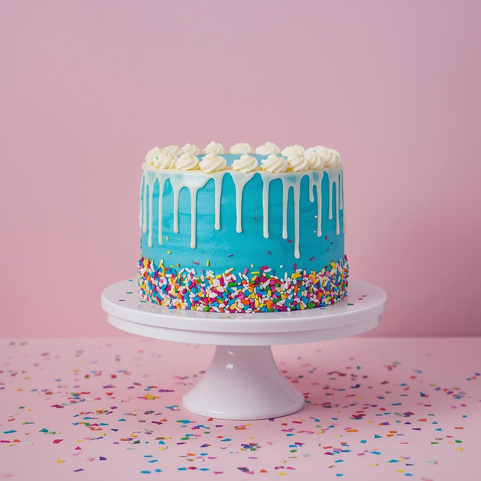 Thumbnail: vanilla cake with blue silky smooth  buttercream frosting and garnished with funfetti.