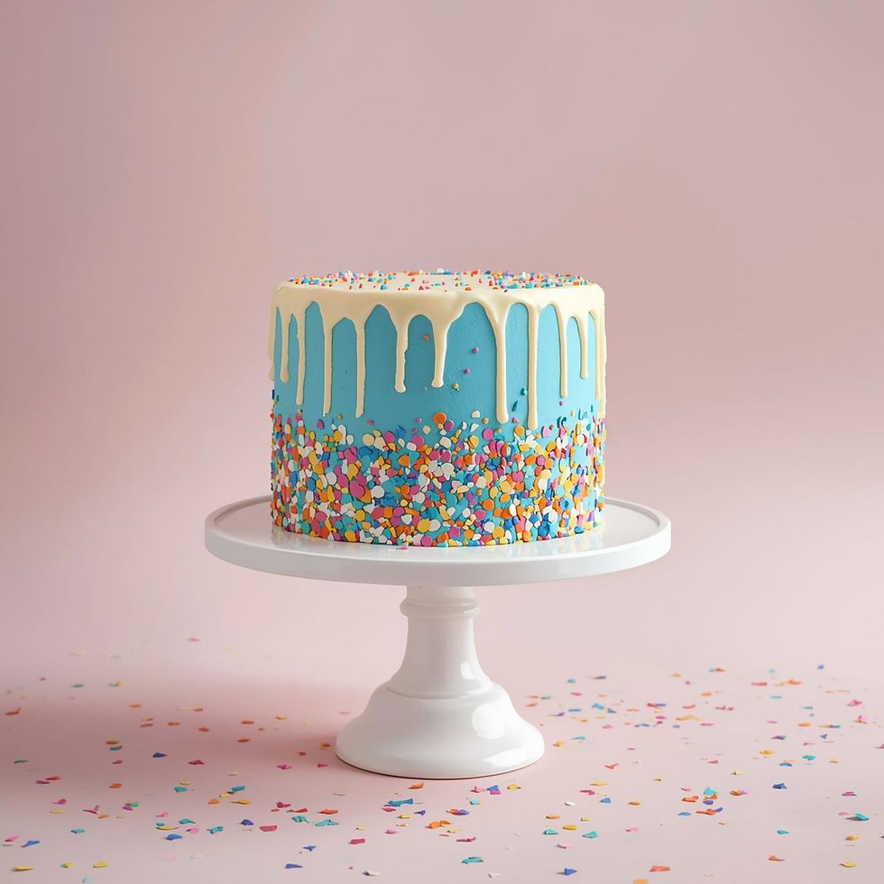 Thumbnail: vanilla cake with blue silky smooth  buttercream frosting and garnished with funfetti.