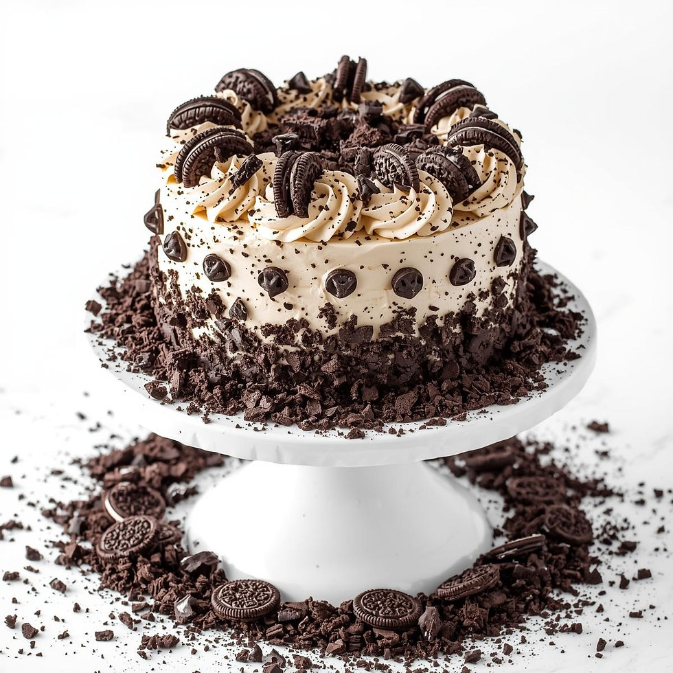 features  layers of soft vanilla cake with crushed Oreos and fluffy cookies & cream frosting.