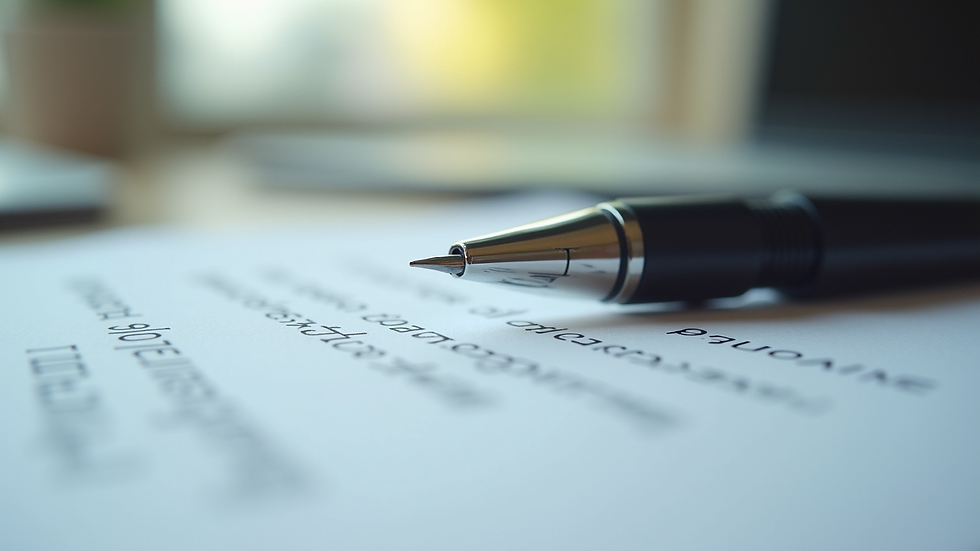 Eye-level view of a legal document with a pen