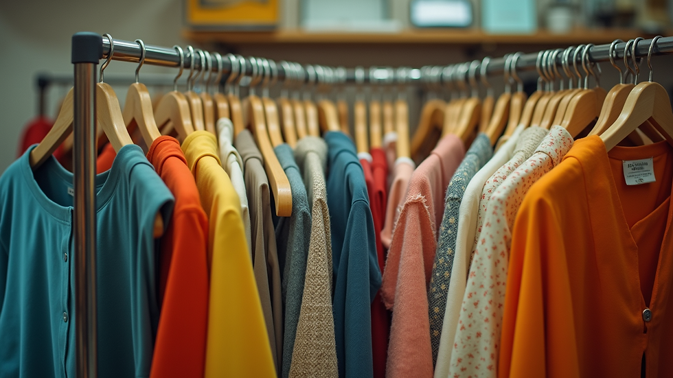 Eye-level view of a colorful vintage clothing rack