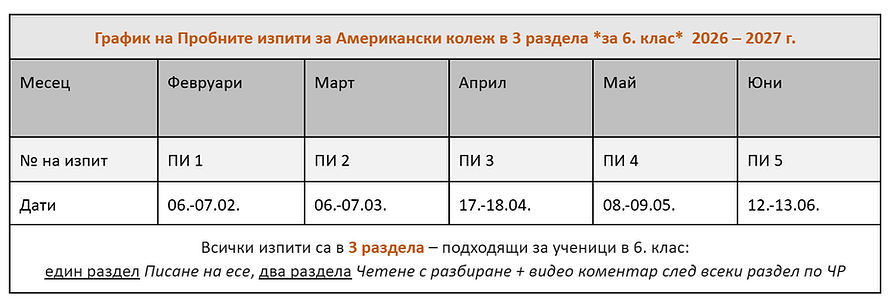 Пробни изпити за подготовка за Американския колеж специално за 6. клас