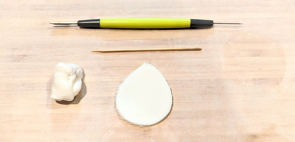 A cut out of an egg out of white fondant, with excess fondant rolled up and placed on the left side of the egg shape. Above the egg shape a tooth pick, and fondant cutting tool is displayed.