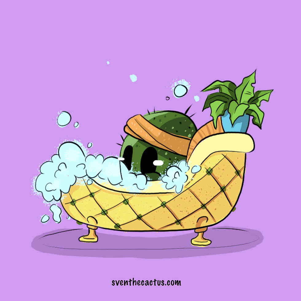 A digital illustration of a cactus enjoying a bubble bath.