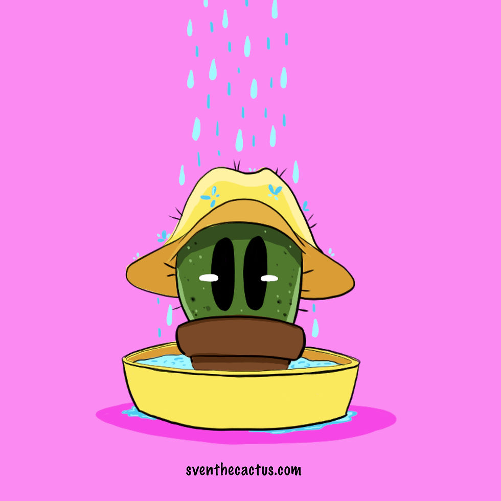 Digital illustration of a cactus cartoon character standing in a pool of water.