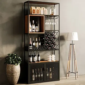 Dresser metal steel locker tray wood noble oak bottle bottles wine storage glass glasses dishes living room kitchen France Nantes Loire-Atlantique custom