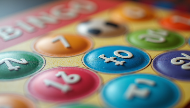 Close-up view of a colorful bingo card with drag-themed icons