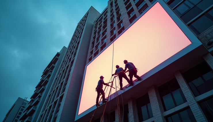 High angle view of technicians installing a large LED display panel on a building in Gujarat