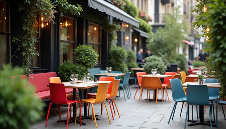 Eye-level view of the outdoor terrace at 93 Feet East with colorful seating and greenery
