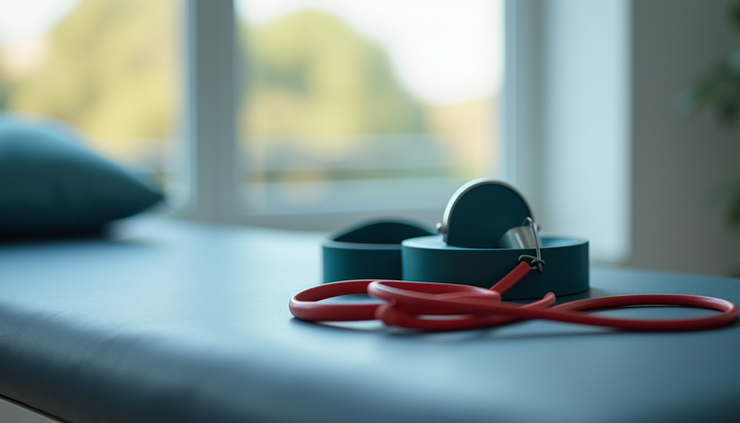 Close-up view of physiotherapy tools and exercise bands on a treatment table
