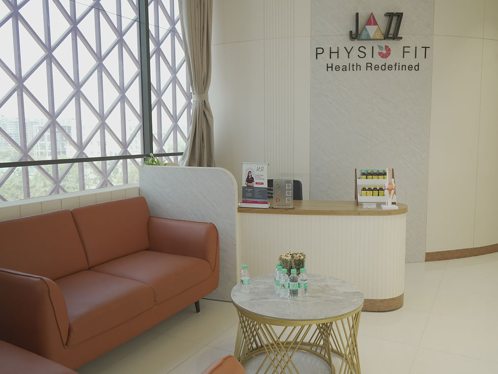 High angle view of a physiotherapy clinic with exercise equipment and treatment tables