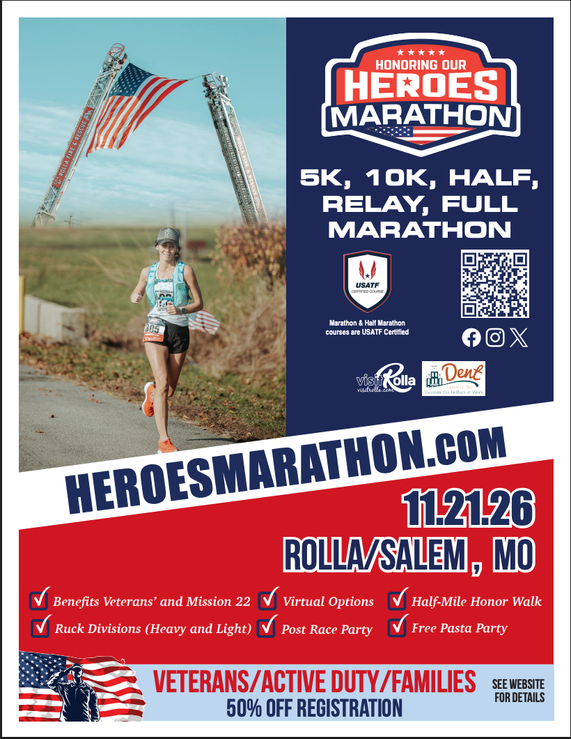 Honoring Our Heroes Marathon, Half Marathon, 10k, 5k - 25% Discount (50% for Military, Spouses, and Veterans) - Rolla, Missouri November 21, 2026