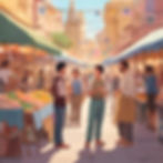 A lively conversation scene at a local market, with a student confidently speaking Spanish
