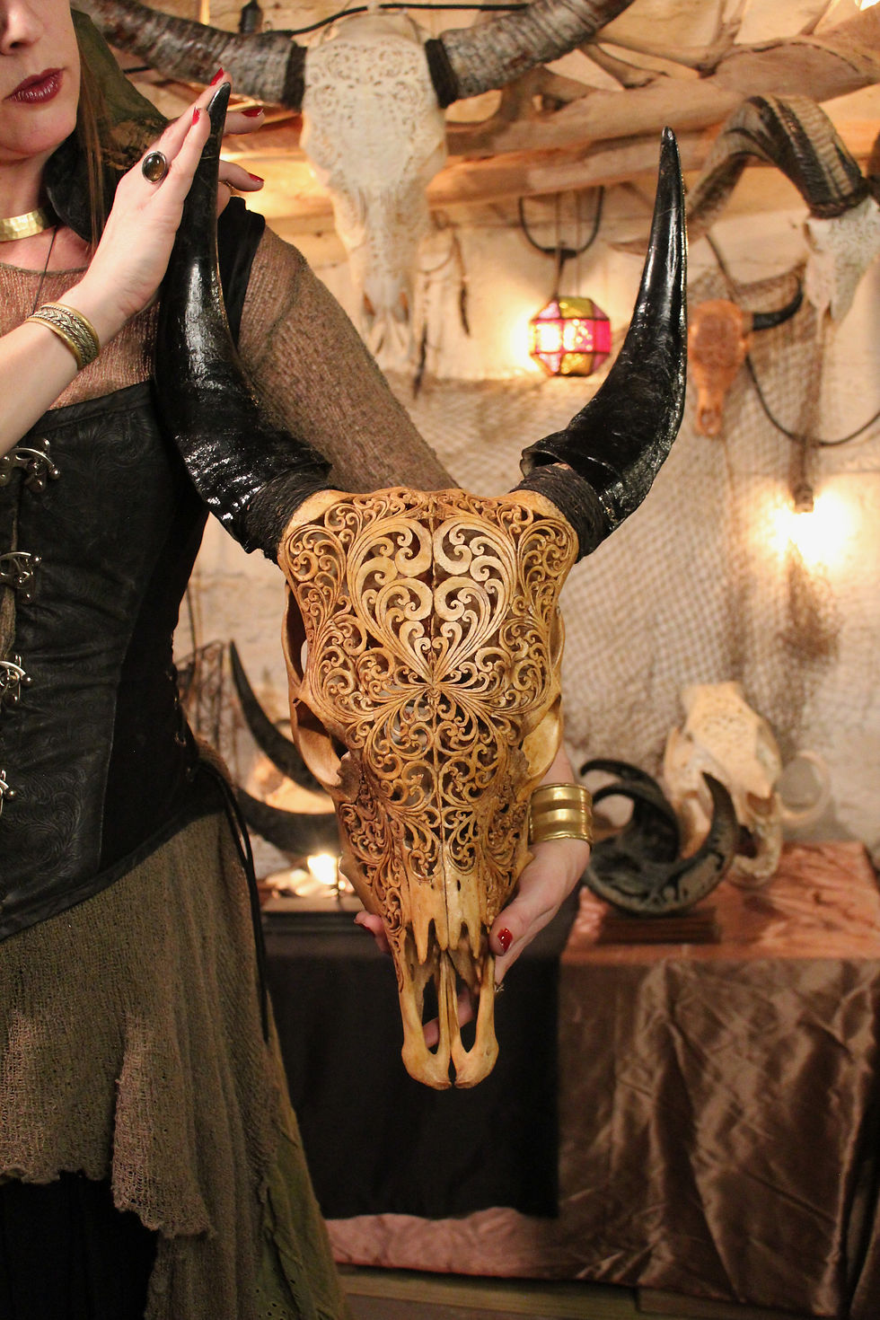 Thumbnail: Cow Skull Carving - Vines. sepia tint