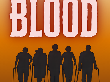 A handful of elderly people with canes below the title, OLD BLOOD. Bats are flying at the top and author is noted as D.T. Pierce.