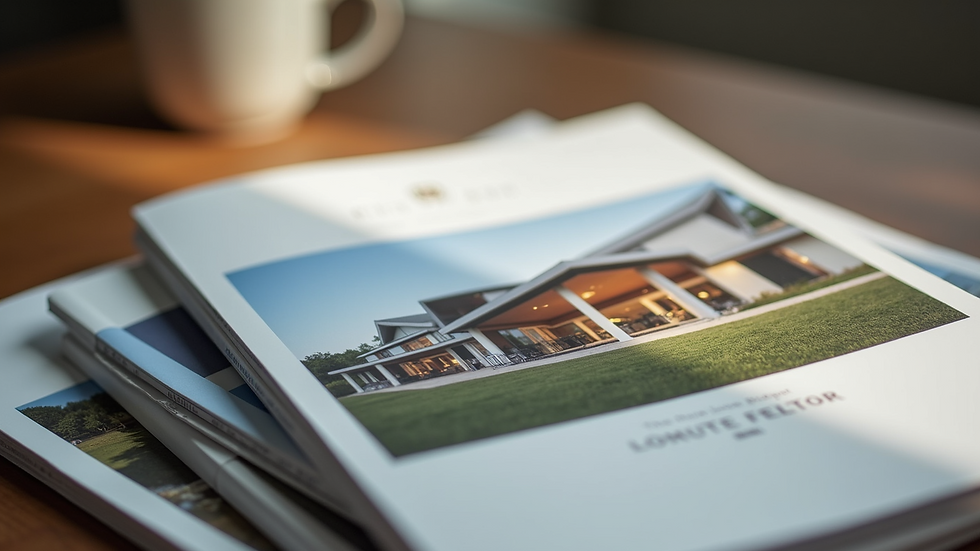 Close-up view of a luxury property brochure on a table