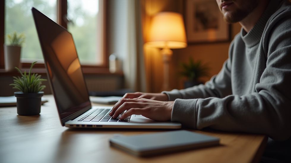Eye-level view of a person typing on a laptop in a cozy home office