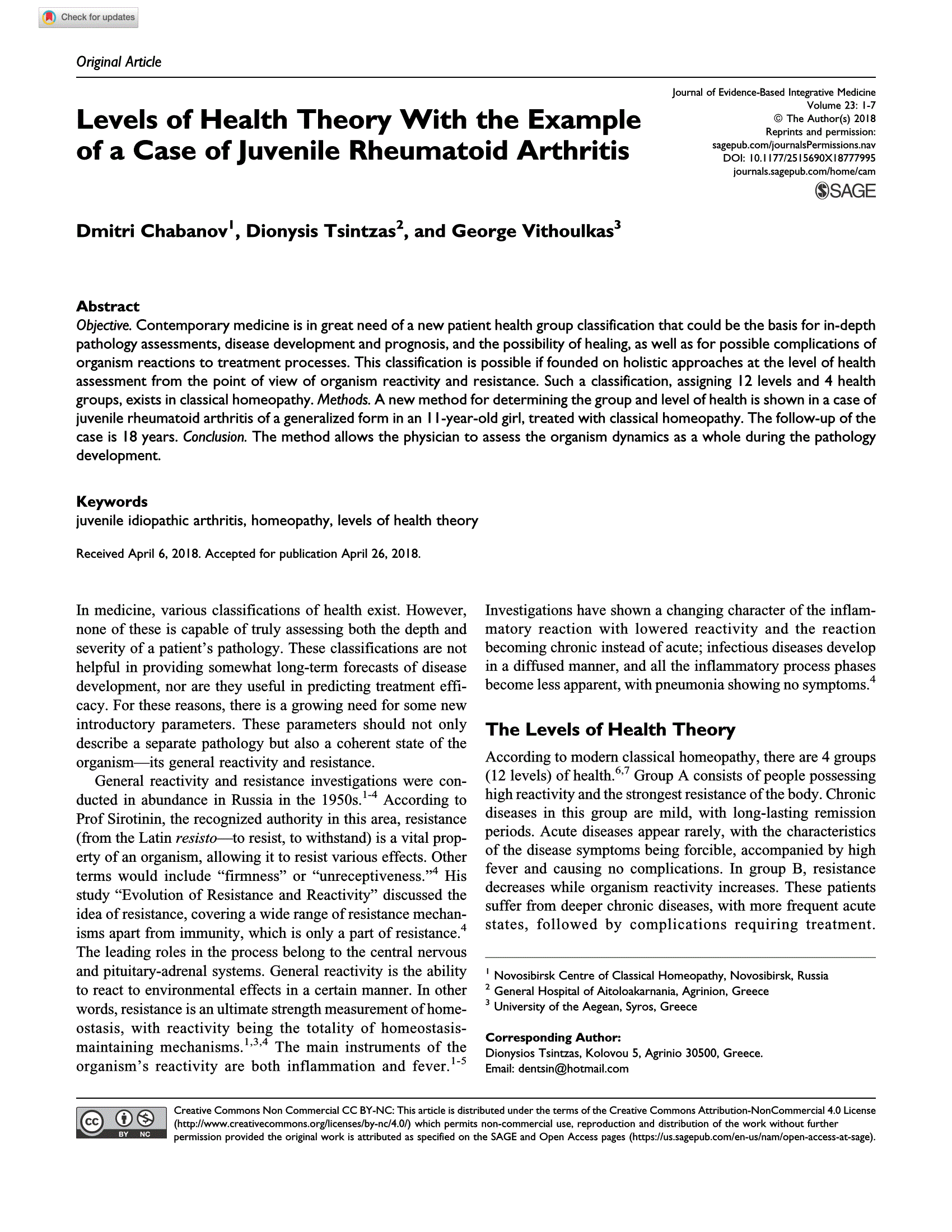 Levels of Health Theory With the Example
of a Case of Juvenile Rheumatoid Arthritis