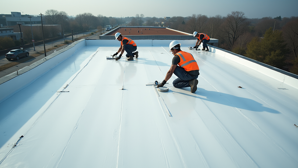 High angle view of commercial roofing crew installing TPO membrane