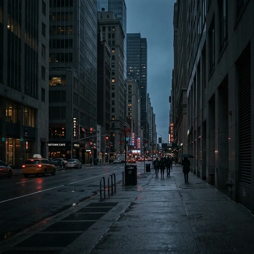Urban photography of a city street at dusk with wet pavements reflecting lights. Pedestrians walk under umbrellas, creating a moody, atmospheric scene.