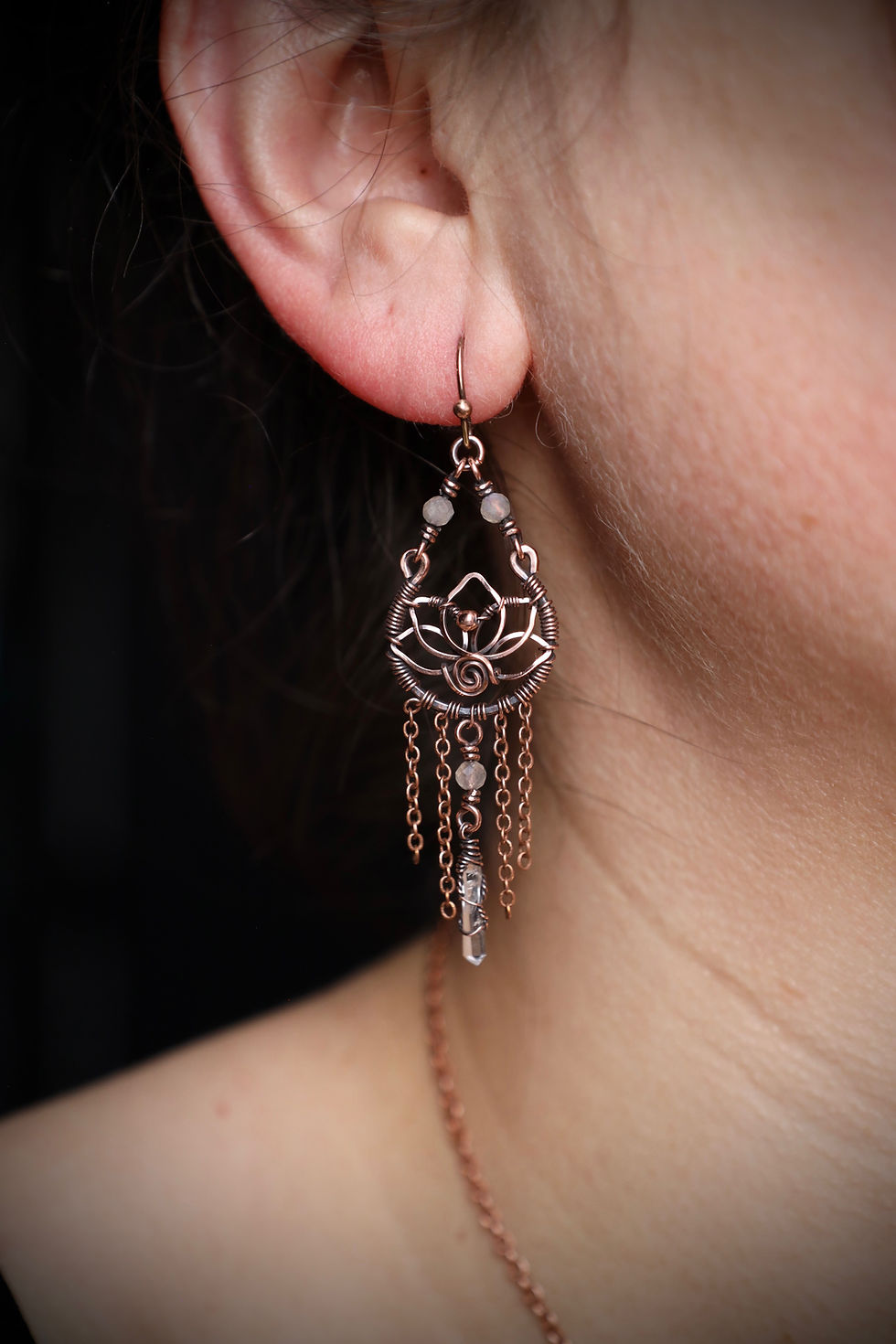 Thumbnail: Custom Remake - Little Lotus Moonstone and Quartz Boho Earrings in Copper